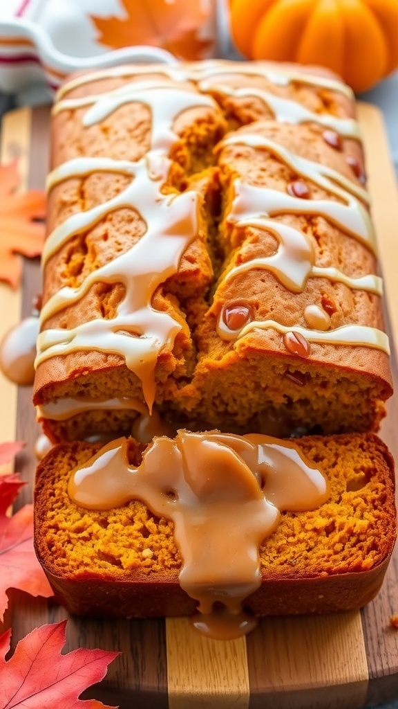 Pumpkin Bread with Maple Glaze Recipe A loaf of pumpkin bread with maple glaze on a wooden board, decorated with autumn leaves and a small pumpkin.